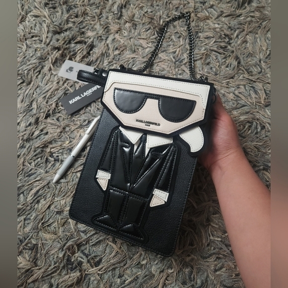 New KARL Lagerfeld Ikons Karl Crossbody Black/White Leather Bag - Picture 3 of 6